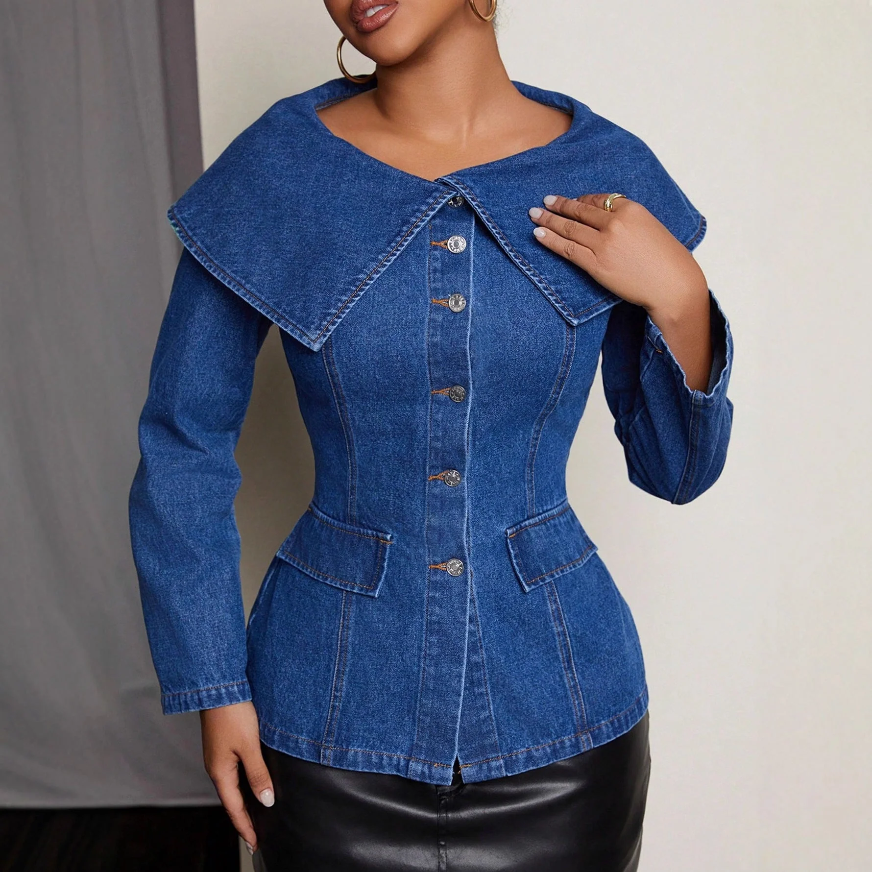 Damen Designer Denim-Blazerjacke mit weitem Kragen und praktischen Taschen - Image 3