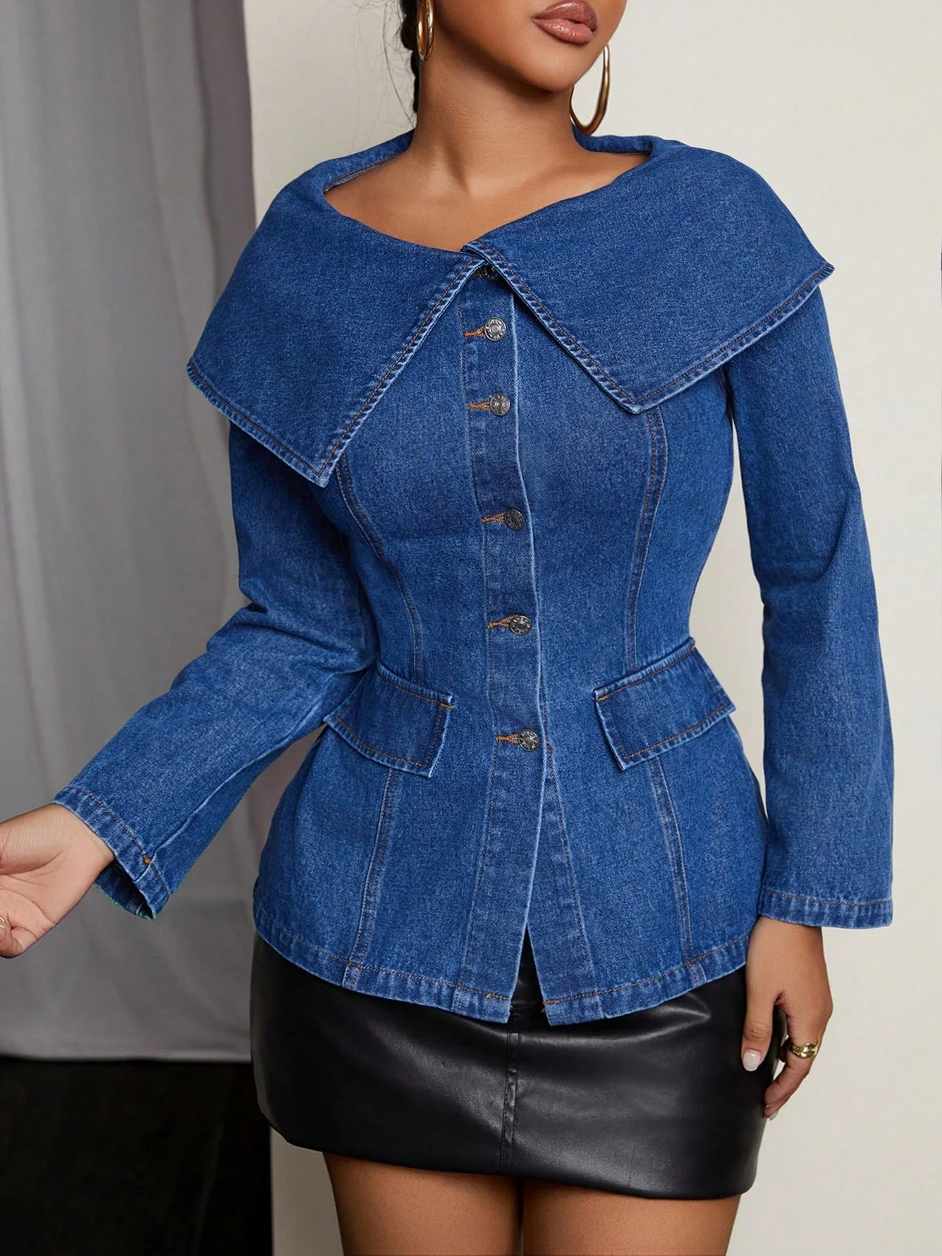 Damen Designer Denim-Blazerjacke mit weitem Kragen und praktischen Taschen - Image 5
