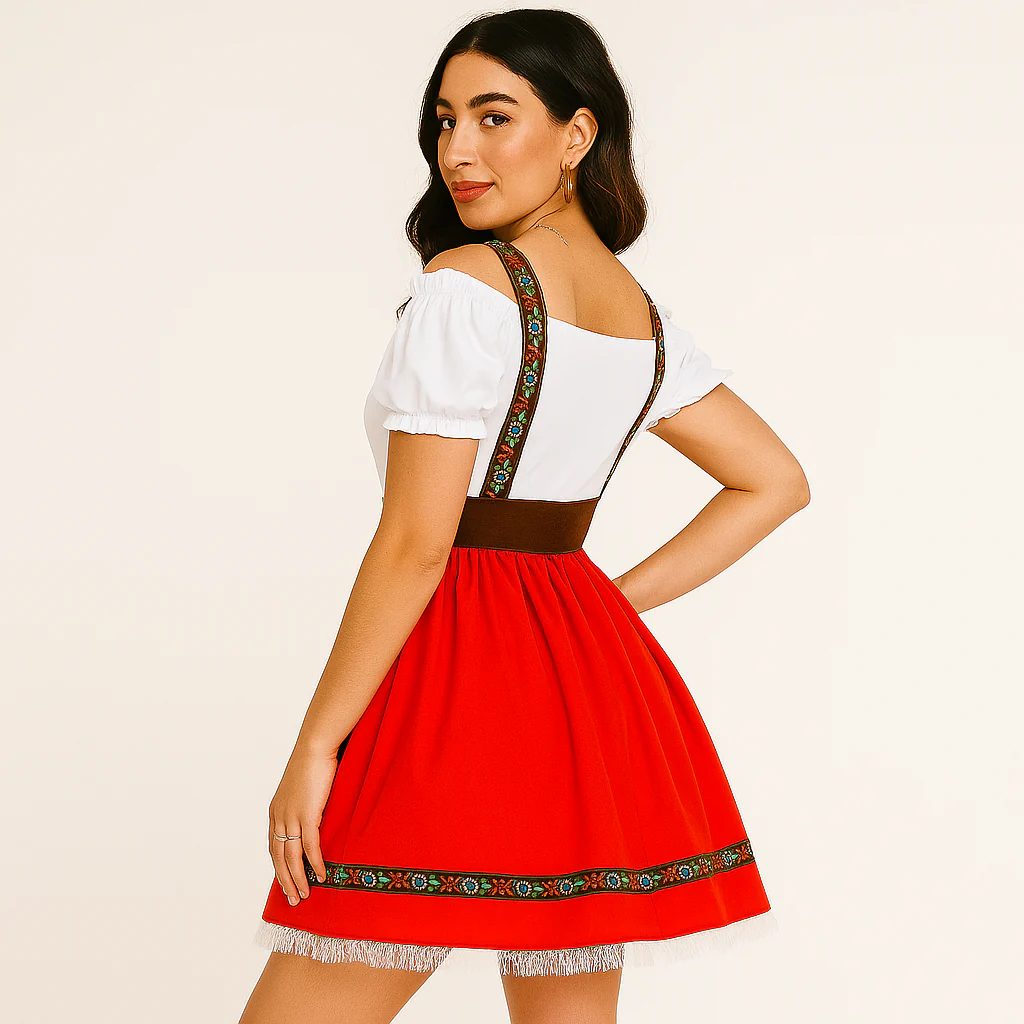 Damen Dirndl Oktoberfest – Schulterfreies Kleid mit Rüschenärmeln & Gold-Akzenten - Image 2
