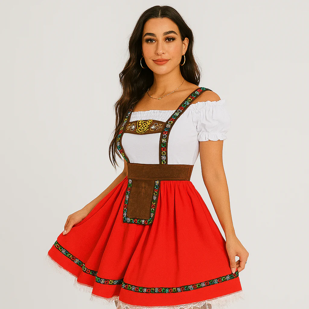 Damen Dirndl Oktoberfest – Schulterfreies Kleid mit Rüschenärmeln & Gold-Akzenten - Image 3