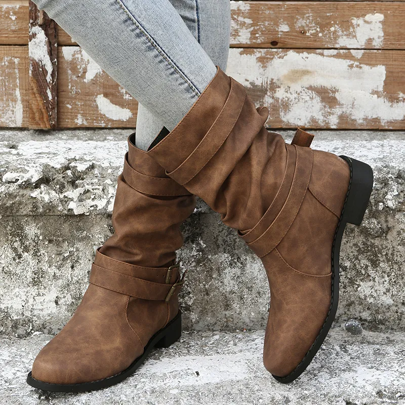 Damen Dirndl Schuhe | Mittelhohe Stiefel Mit Schnallenriemen - Image 2