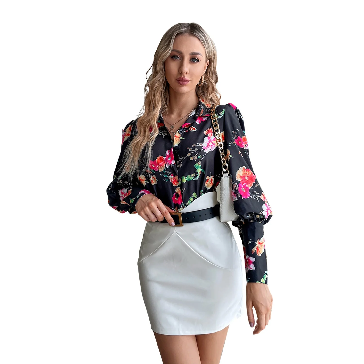 Damen elegante Bluse mit floralen Mustern und Puffärmeln - Image 2