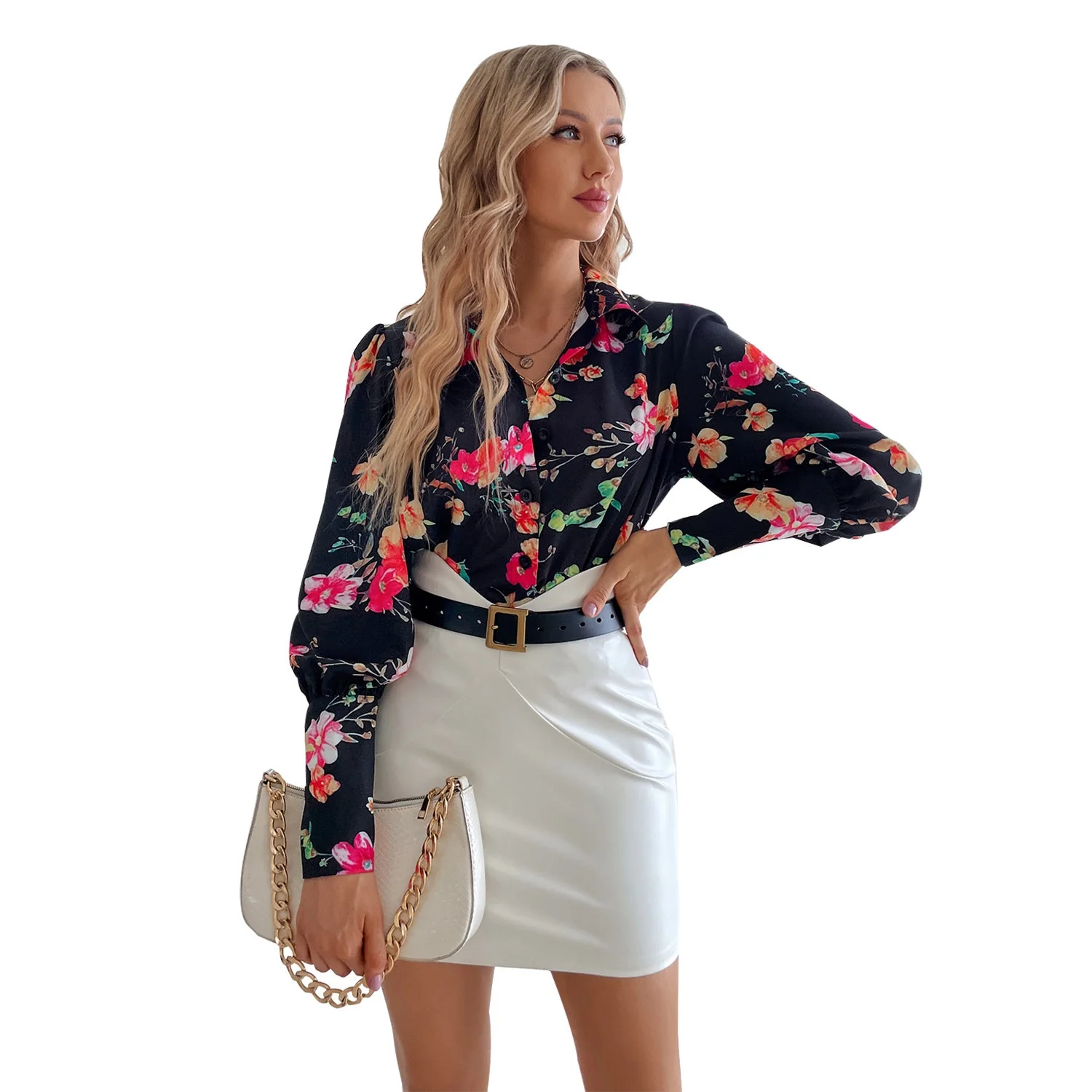 Damen elegante Bluse mit floralen Mustern und Puffärmeln - Image 3