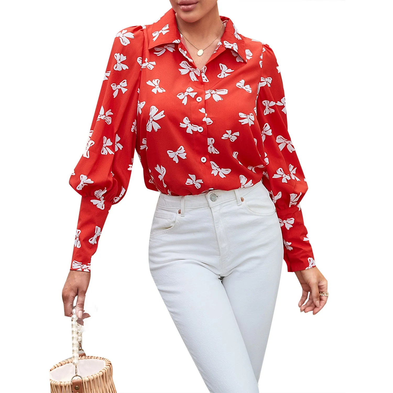 Damen elegante Bluse mit floralen Mustern und Puffärmeln - Image 5