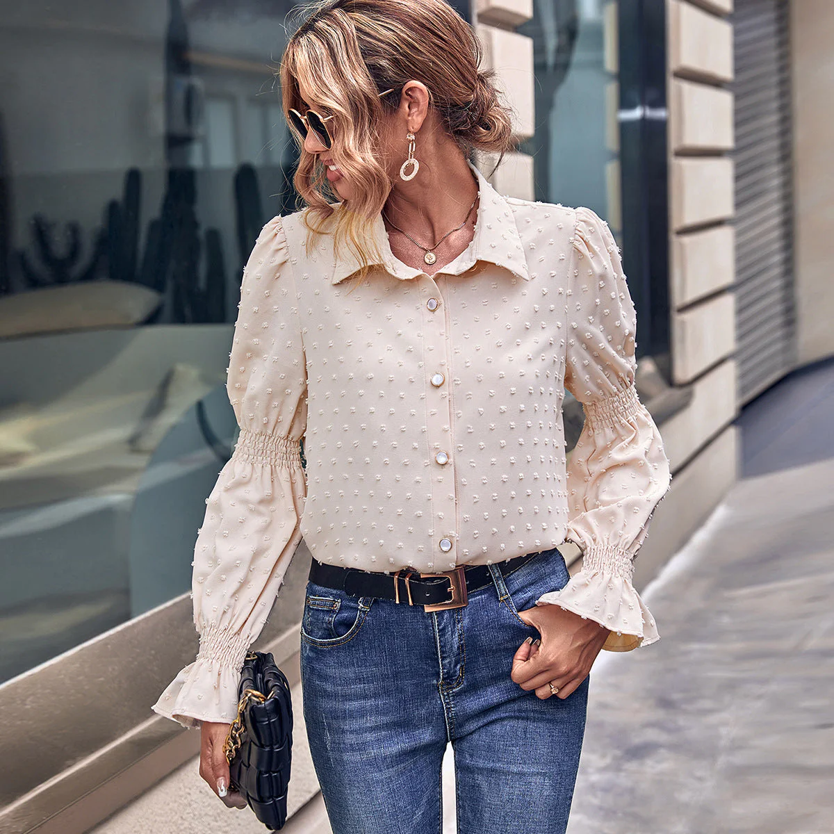 Damen elegante Bluse mit Puffärmeln und Struktur - Image 5