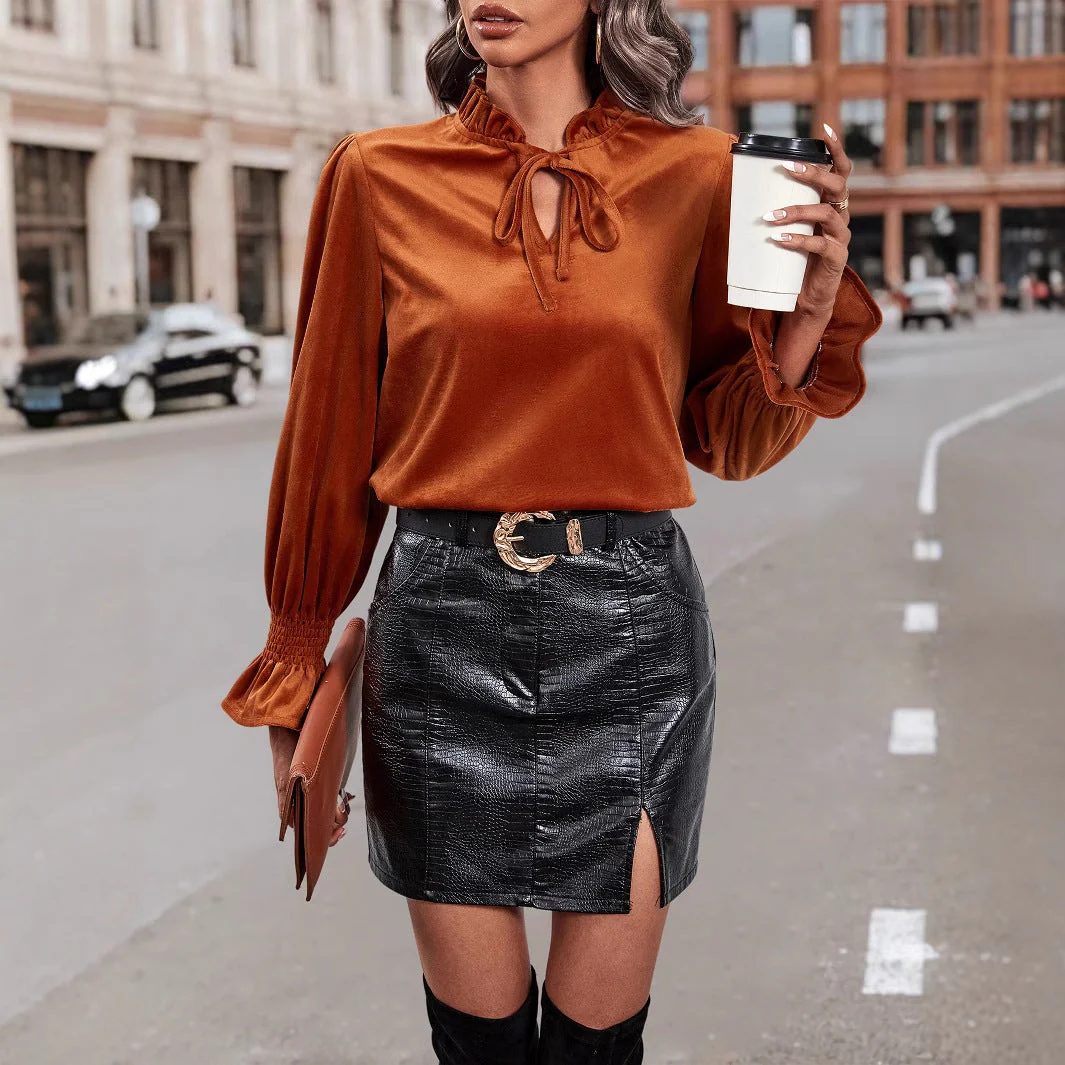 Damen elegante Bluse mit Rüschendetails und geschmeidigem Samt - Image 2