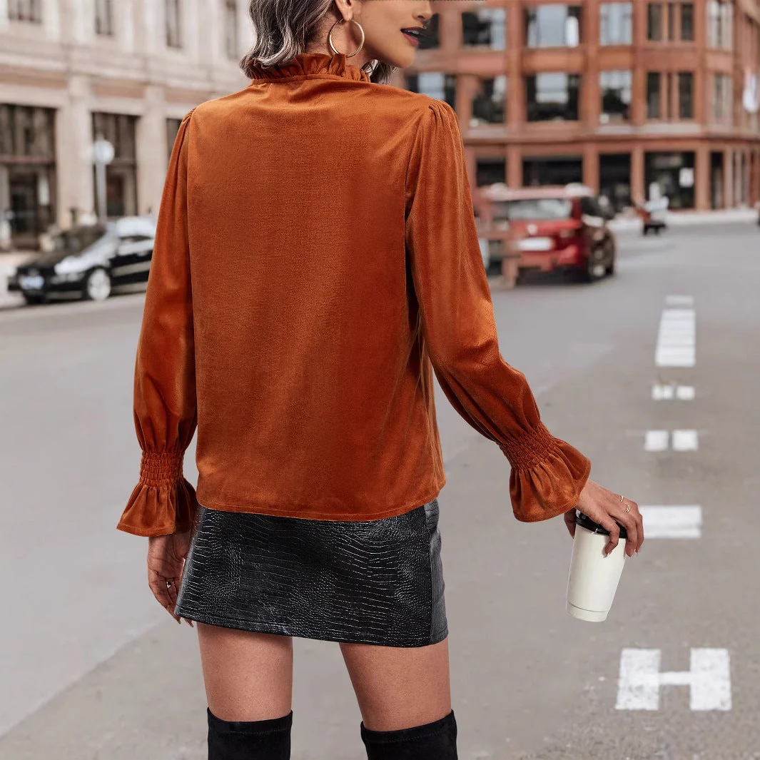 Damen elegante Bluse mit Rüschendetails und geschmeidigem Samt - Image 4