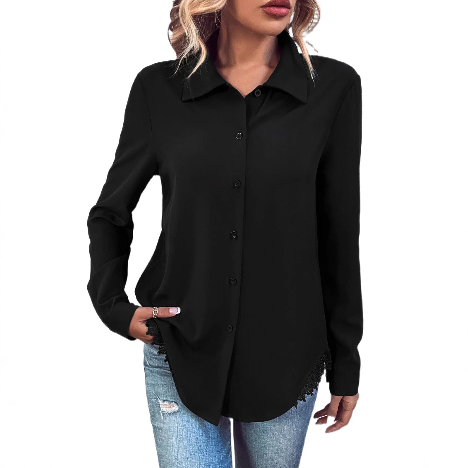 Damen elegante Bluse mit Spitze und Knopfleiste - Image 2