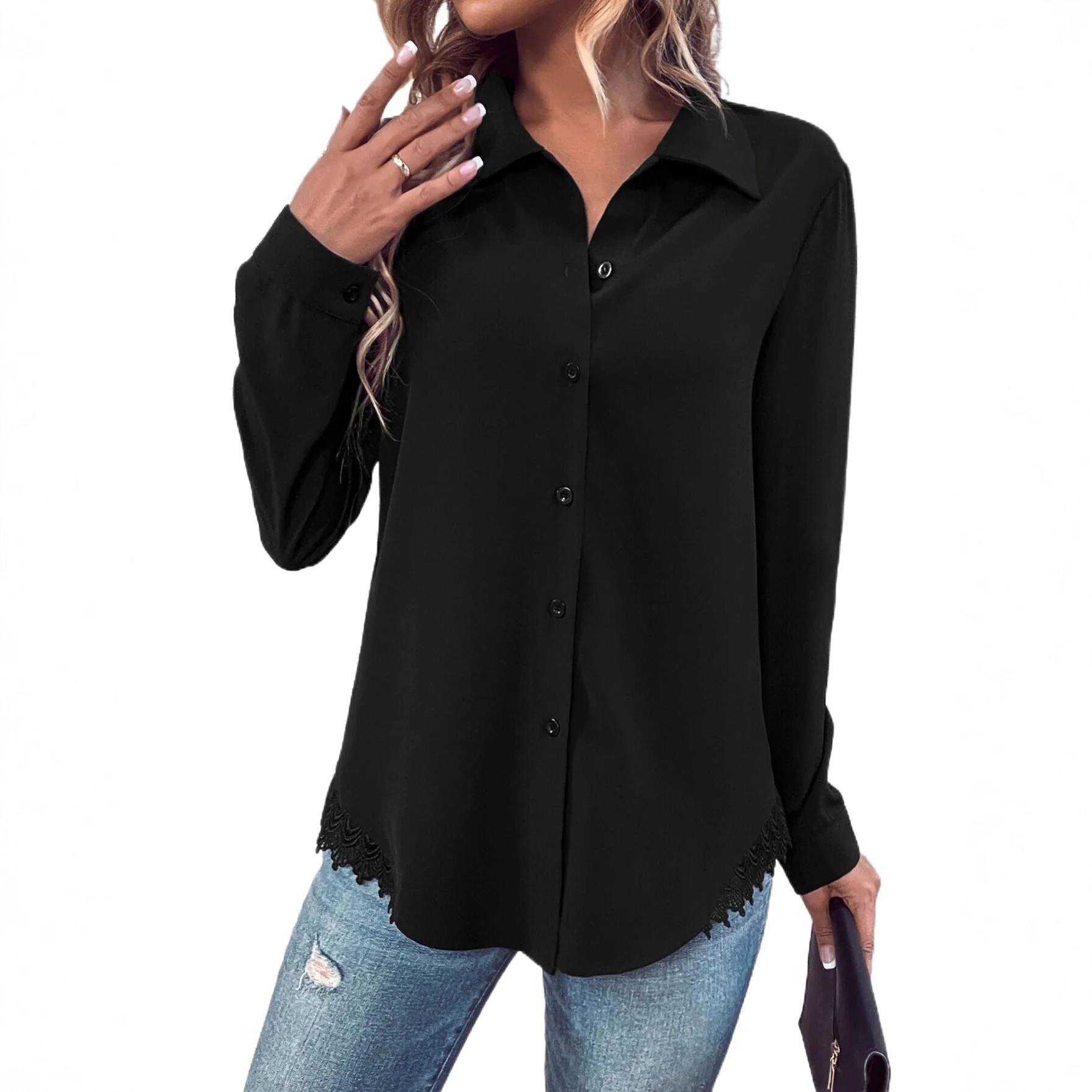 Damen elegante Bluse mit Spitze und Knopfleiste - Image 3