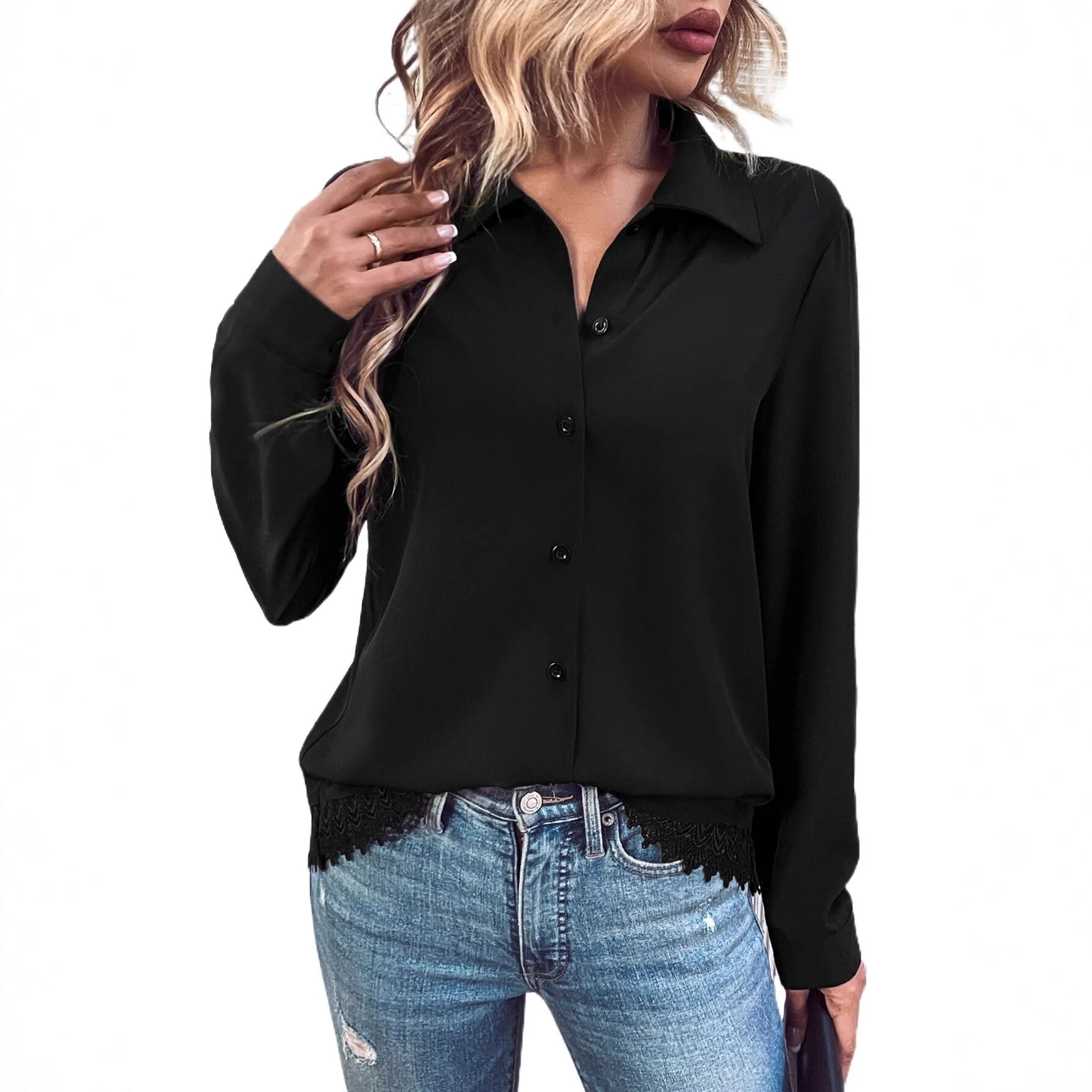 Damen elegante Bluse mit Spitze und Knopfleiste - Image 4