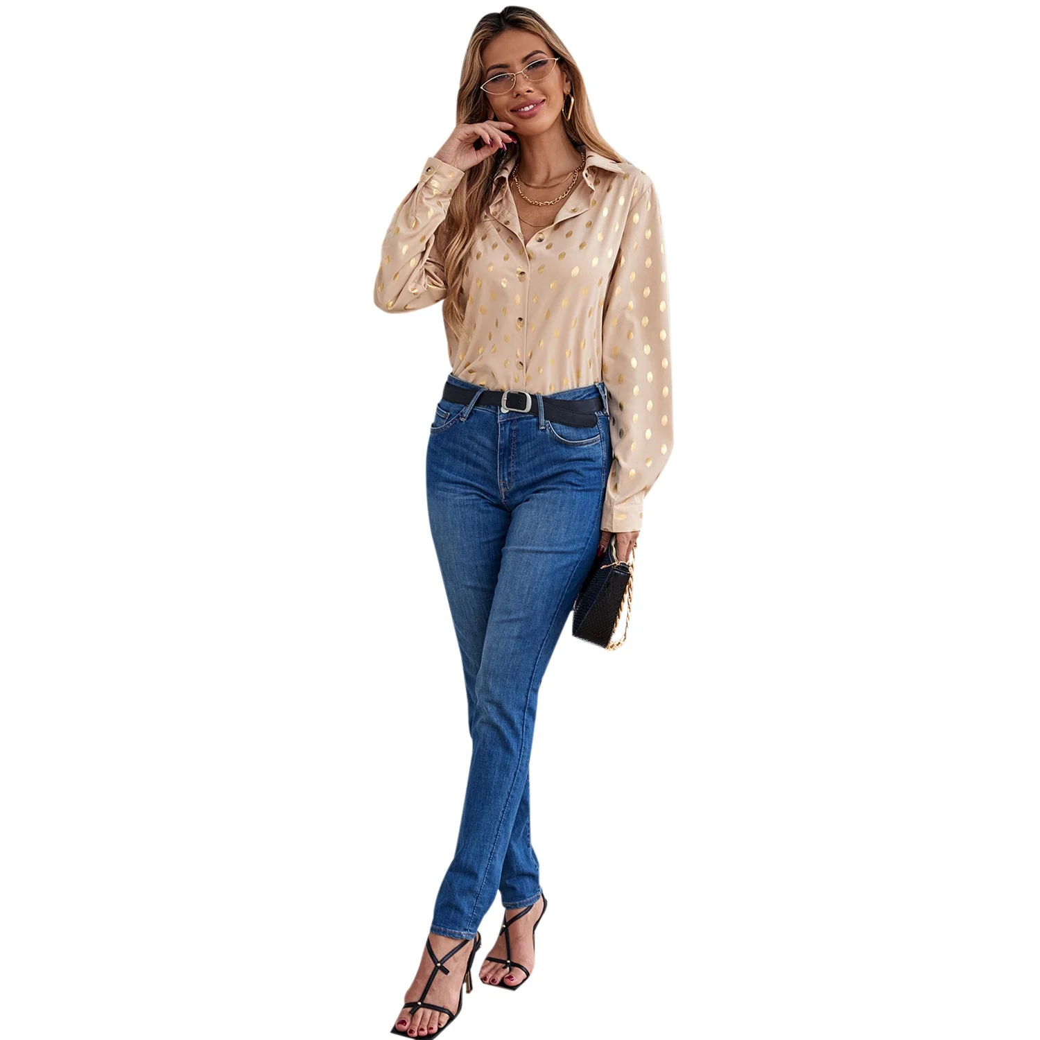 Damen elegante Bluse mit zartem Metallic-Druck und schimmerndem Finish - Image 3