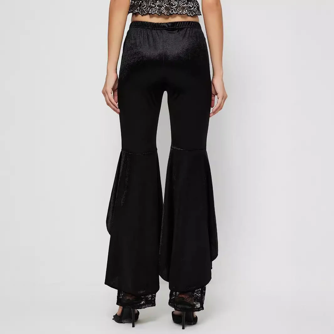 Damen elegante High-Waist Palazzo-Hose mit transparenten Spitzen-Einsätzen