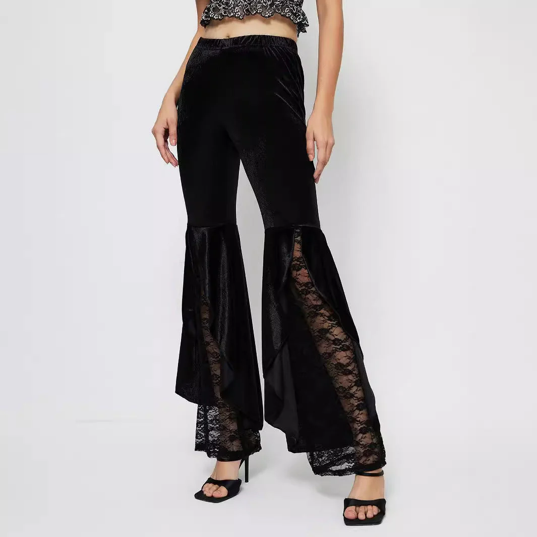 Damen elegante High-Waist Palazzo-Hose mit transparenten Spitzen-Einsätzen - Image 2