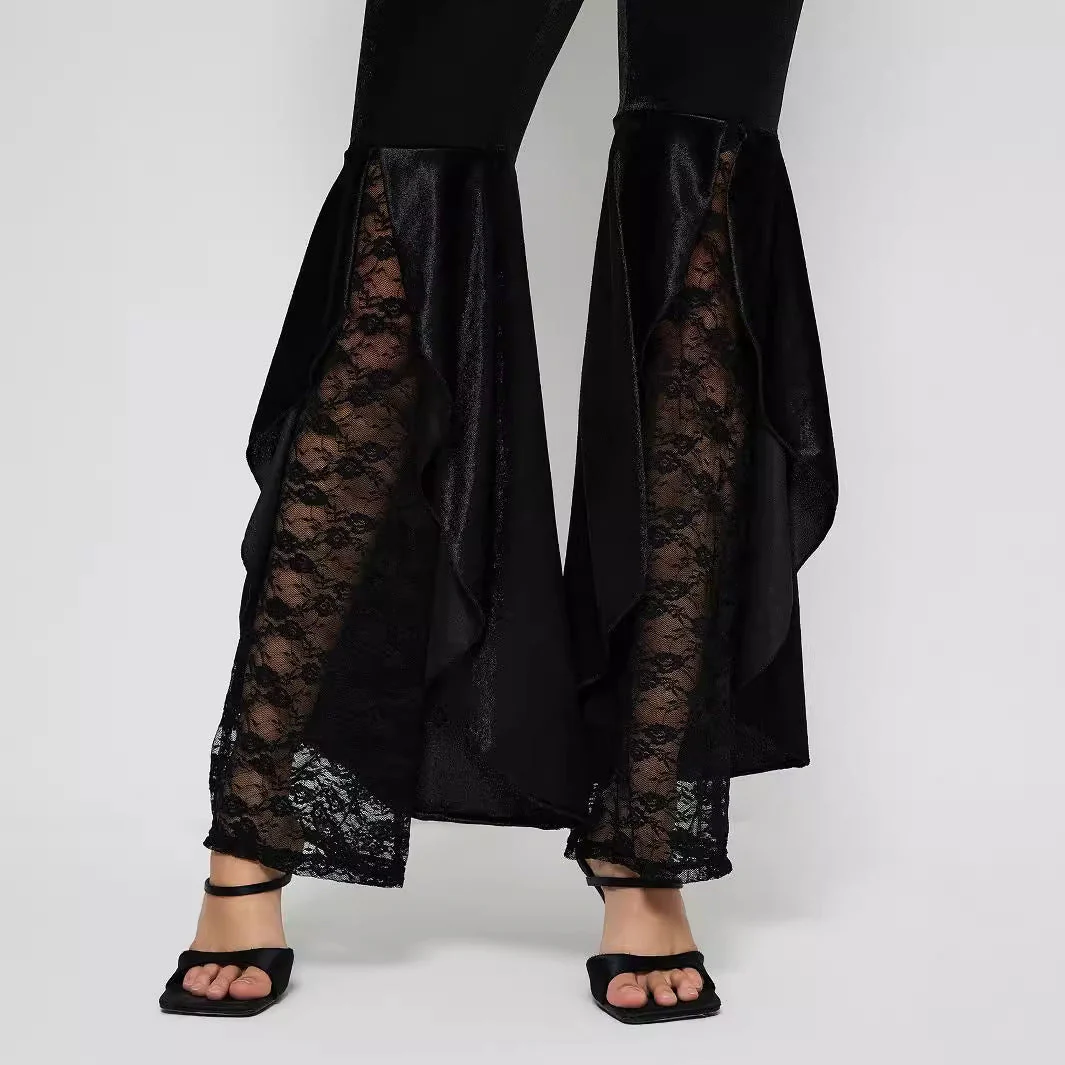 Damen elegante High-Waist Palazzo-Hose mit transparenten Spitzen-Einsätzen - Image 3