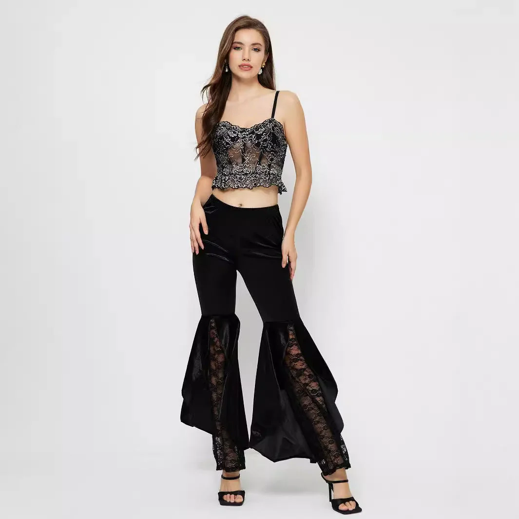 Damen elegante High-Waist Palazzo-Hose mit transparenten Spitzen-Einsätzen - Image 4
