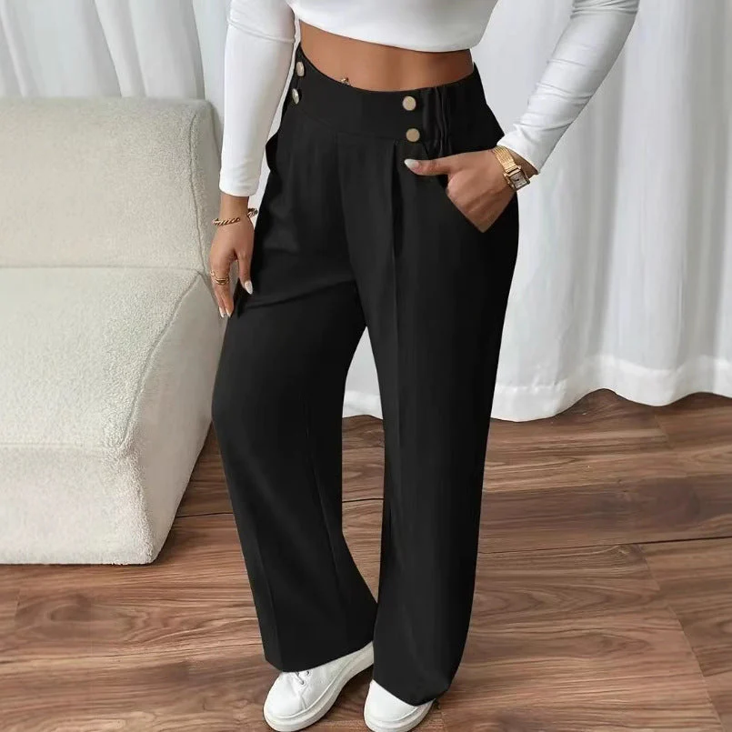 Damen elegante Hochbundhose mit seitlichen Knopfdetails und weitem Bein - Image 6