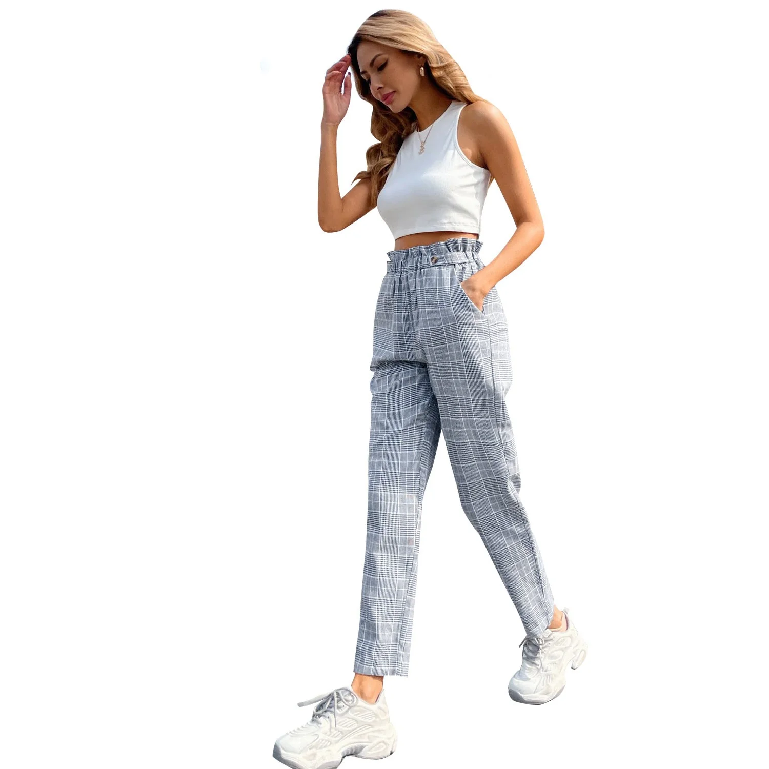 Damen elegante Karohose mit hohem Bund und seitlichen Knopfdetails - Image 3
