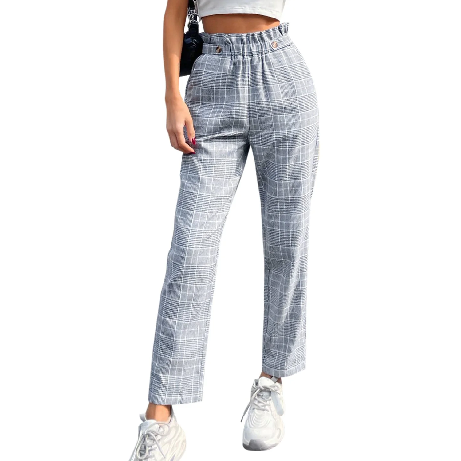 Damen elegante Karohose mit hohem Bund und seitlichen Knopfdetails - Image 5