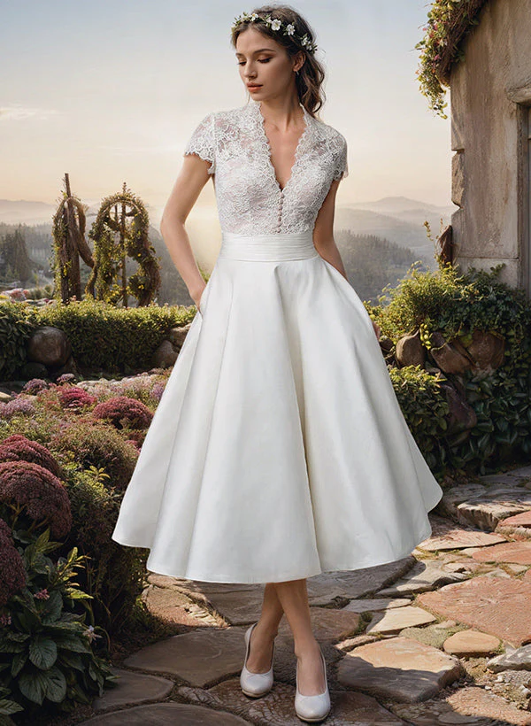 Damen Elegante V-Ausschnitt Brautkleid | Midi - Image 2