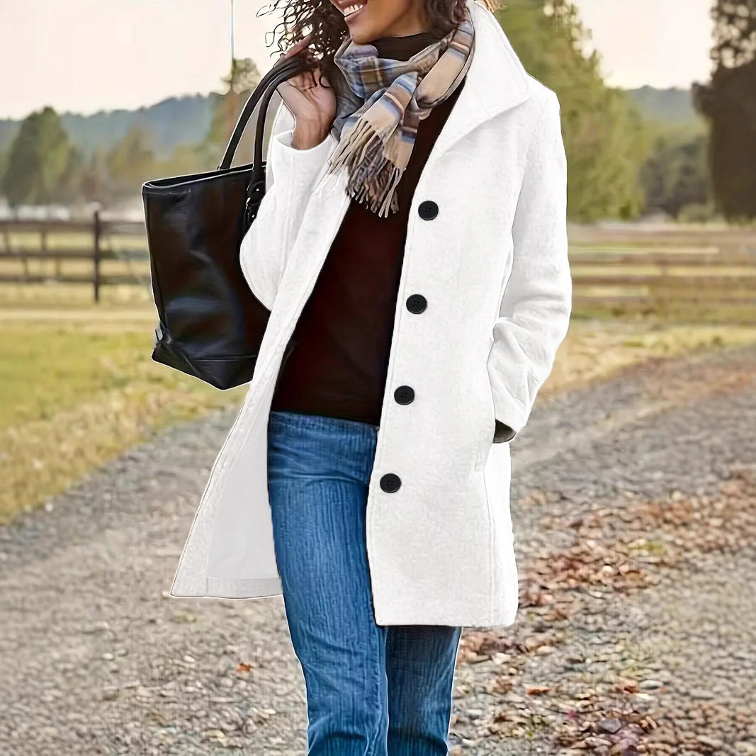Damen elegante Wollmantel mit modernem Kragen und praktischen Taschen