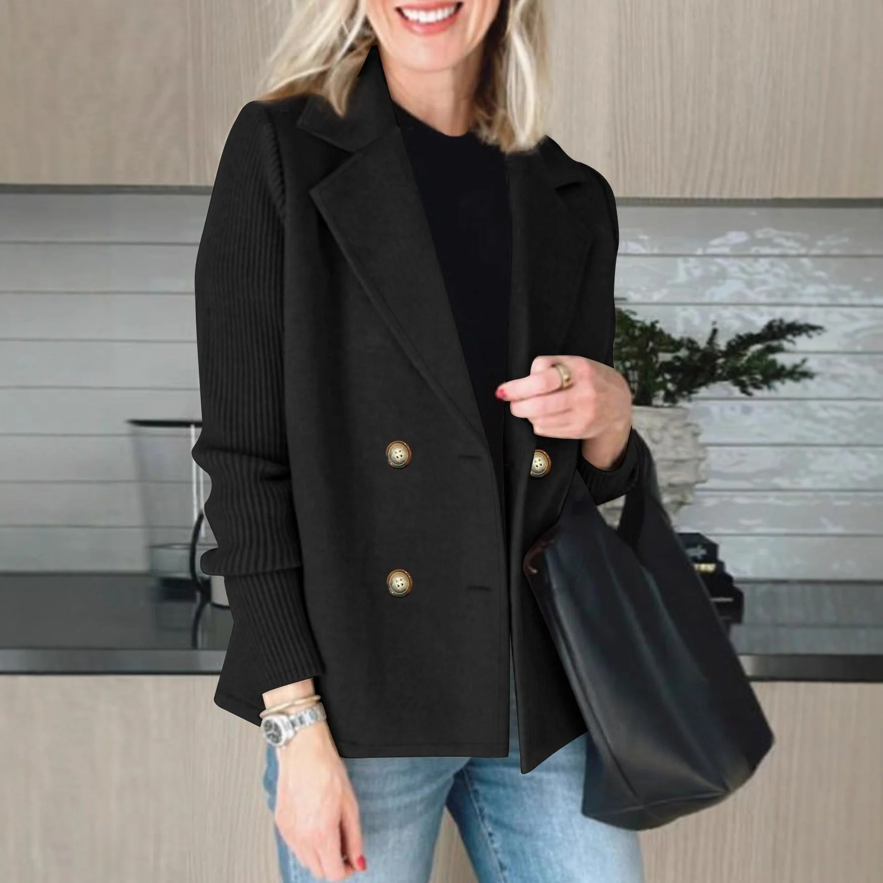 Damen eleganter Oversized-Blazer mit doppelter Knopfleiste und strukturiertem Ärmel