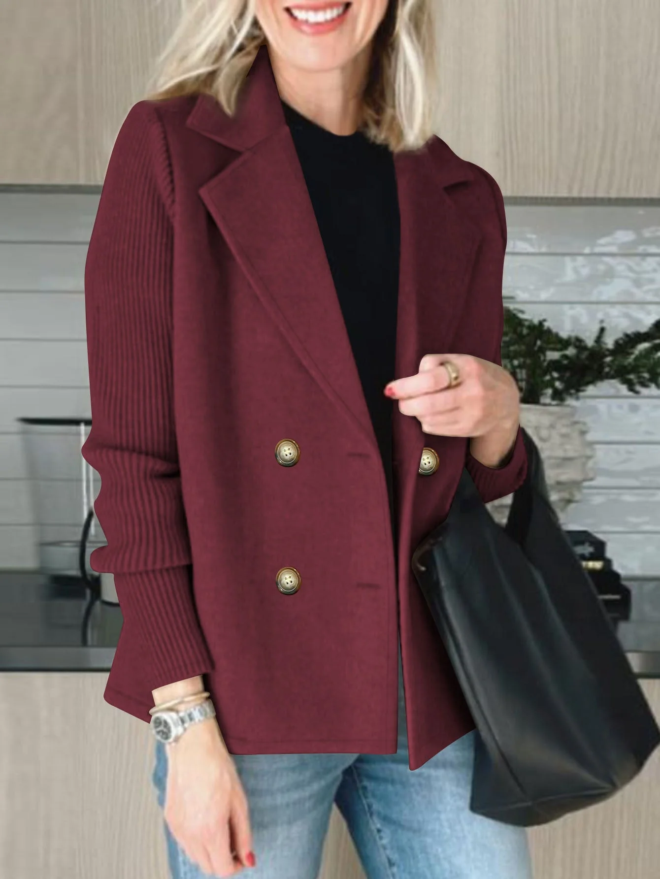 Damen eleganter Oversized-Blazer mit doppelter Knopfleiste und strukturiertem Ärmel - Image 6