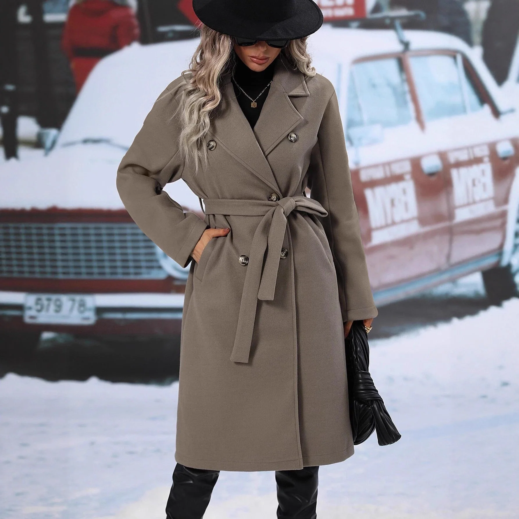 Damen eleganter Oversized-Mantel mit doppelter Knopfleiste und schickem Gürtel - Image 2