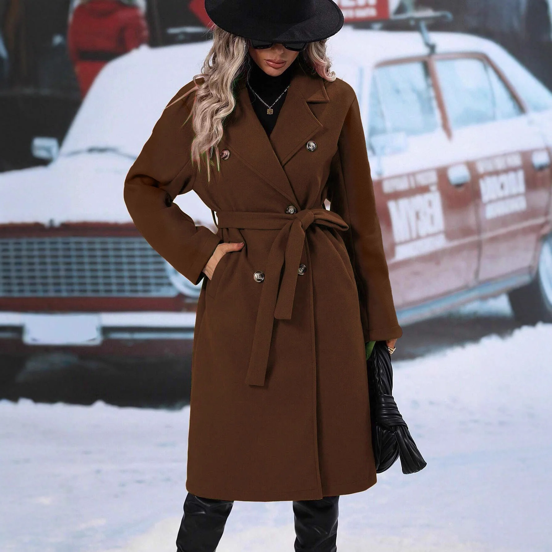 Damen eleganter Oversized-Mantel mit doppelter Knopfleiste und schickem Gürtel - Image 3