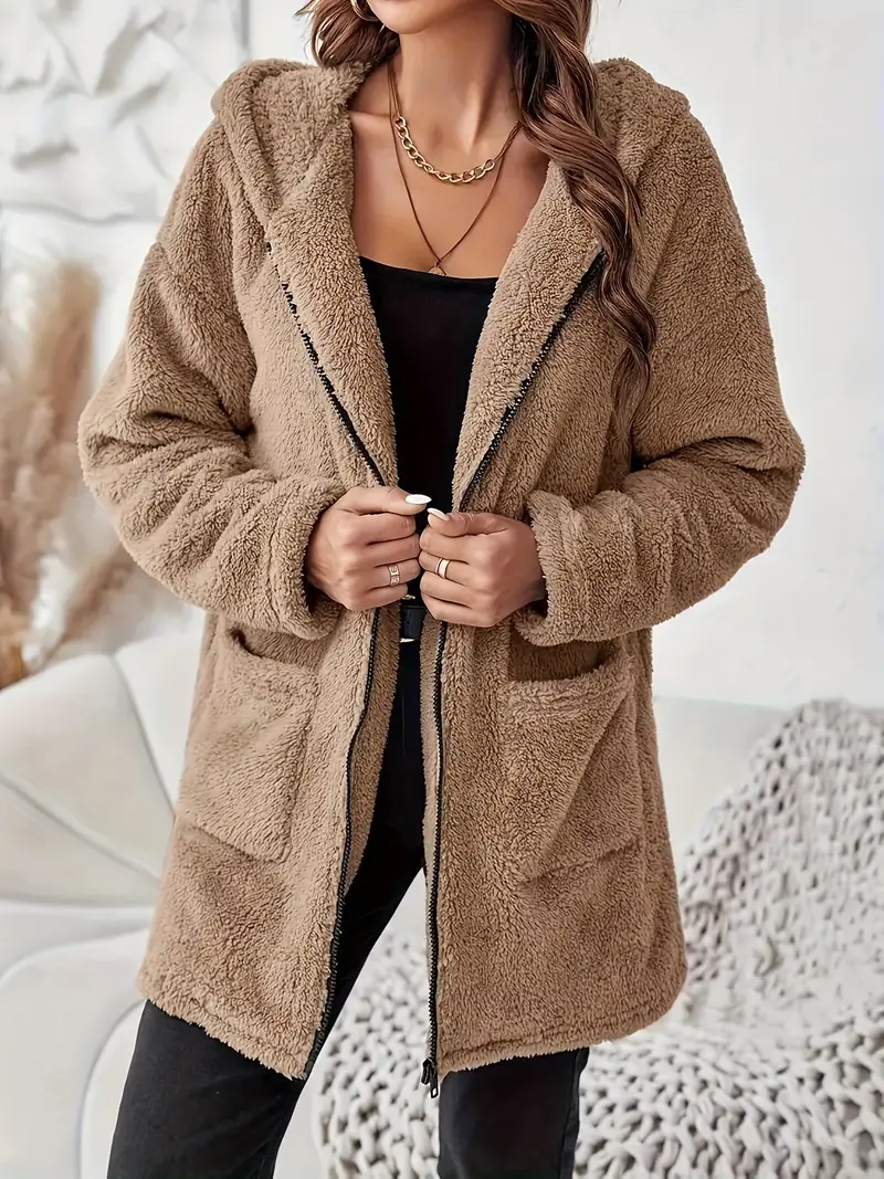 Damen ELEGANTER REISSVERSCHLUSS-PATCH-TASCHEN LANGARM PLÜSCH KAPUZENMANTEL | STILVOLL, BEQUEM, WARM