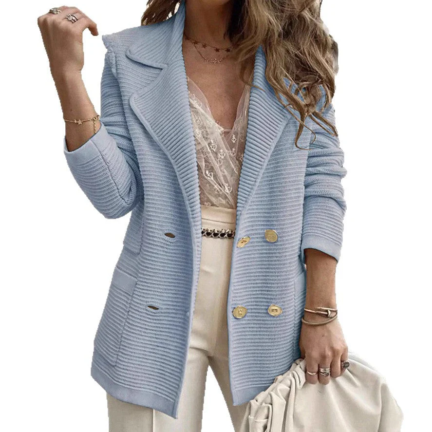 Damen eleganter Strickblazer mit doppelter Knopfleiste und strukturiertem Design - Image 4
