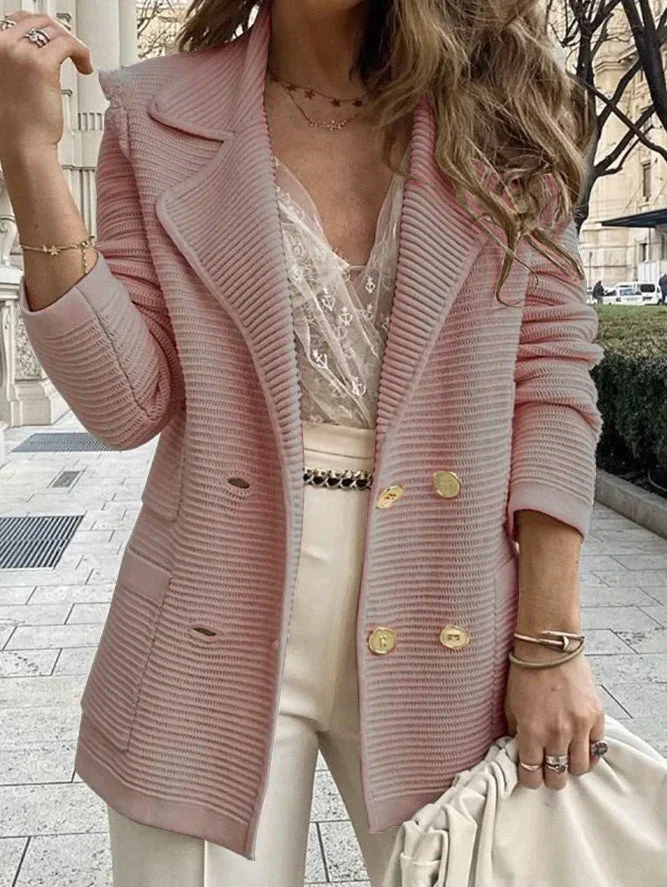 Damen eleganter Strickblazer mit doppelter Knopfleiste und strukturiertem Design - Image 7
