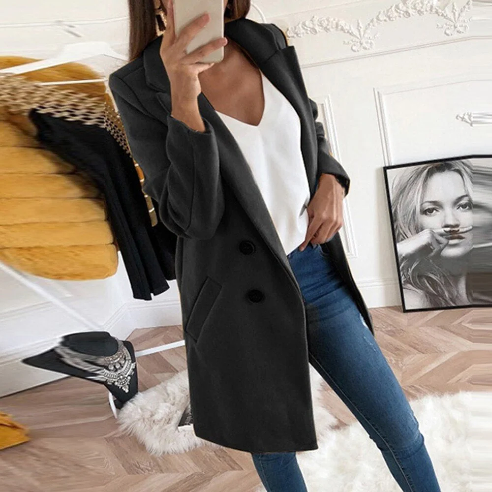 Damen eleganter und warmer Longblazer mit doppelter Knopfleiste - Image 10
