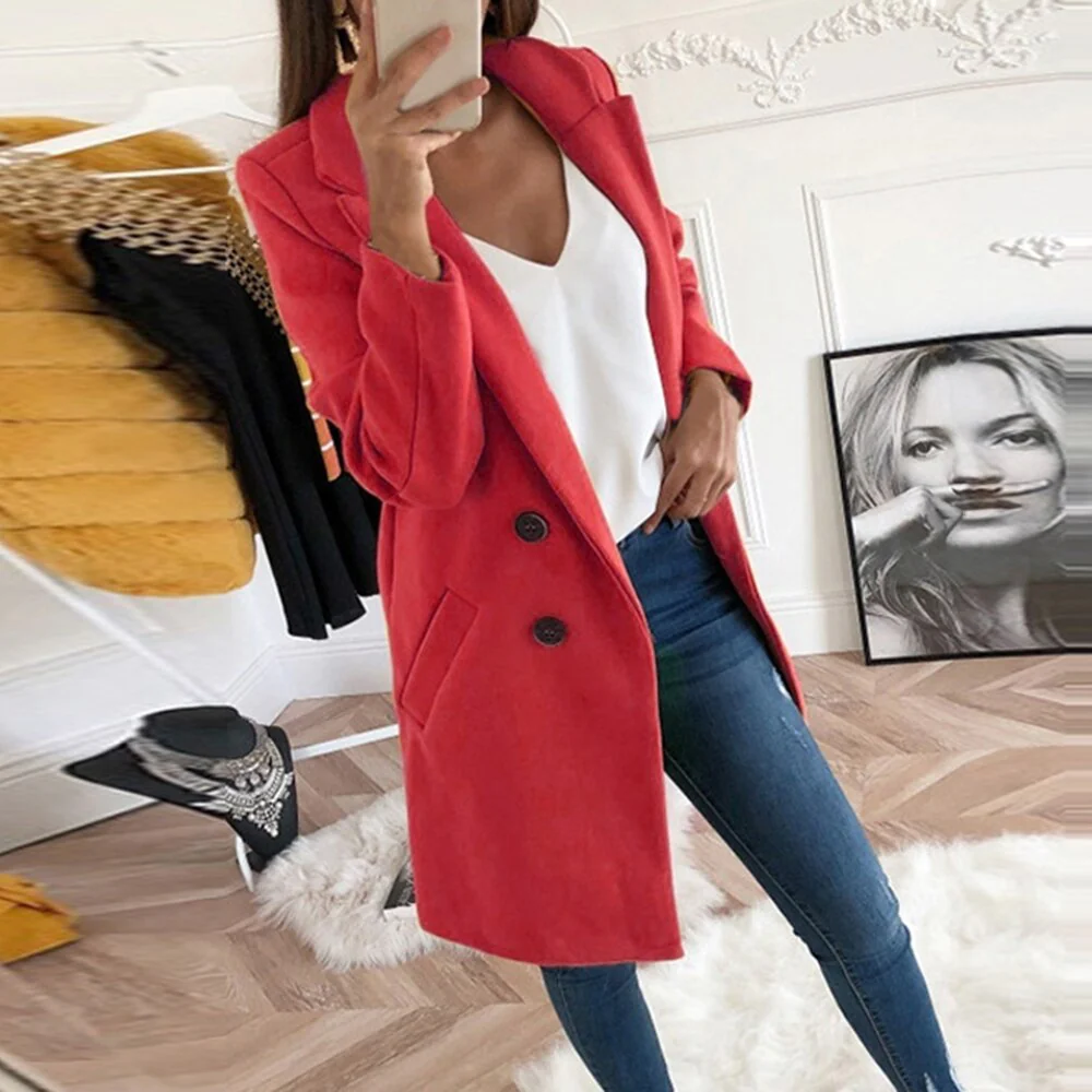 Damen eleganter und warmer Longblazer mit doppelter Knopfleiste - Image 13