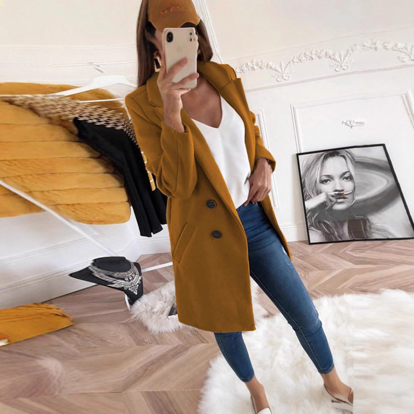 Damen eleganter und warmer Longblazer mit doppelter Knopfleiste - Image 2