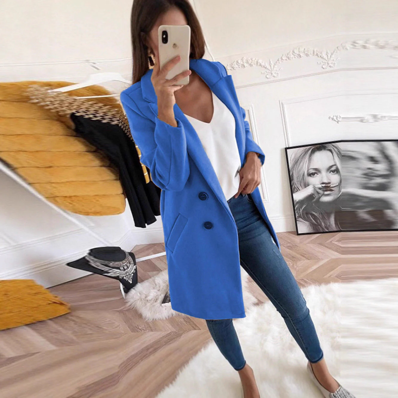 Damen eleganter und warmer Longblazer mit doppelter Knopfleiste - Image 3