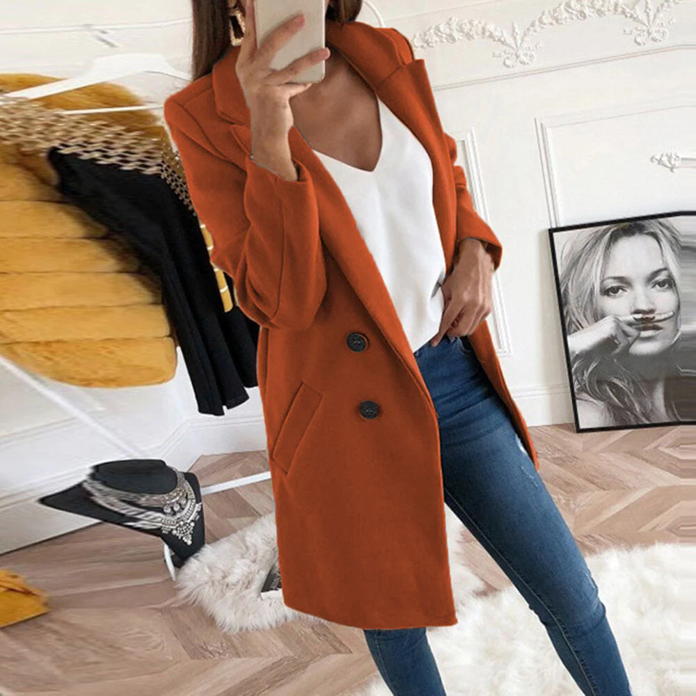 Damen eleganter und warmer Longblazer mit doppelter Knopfleiste - Image 8