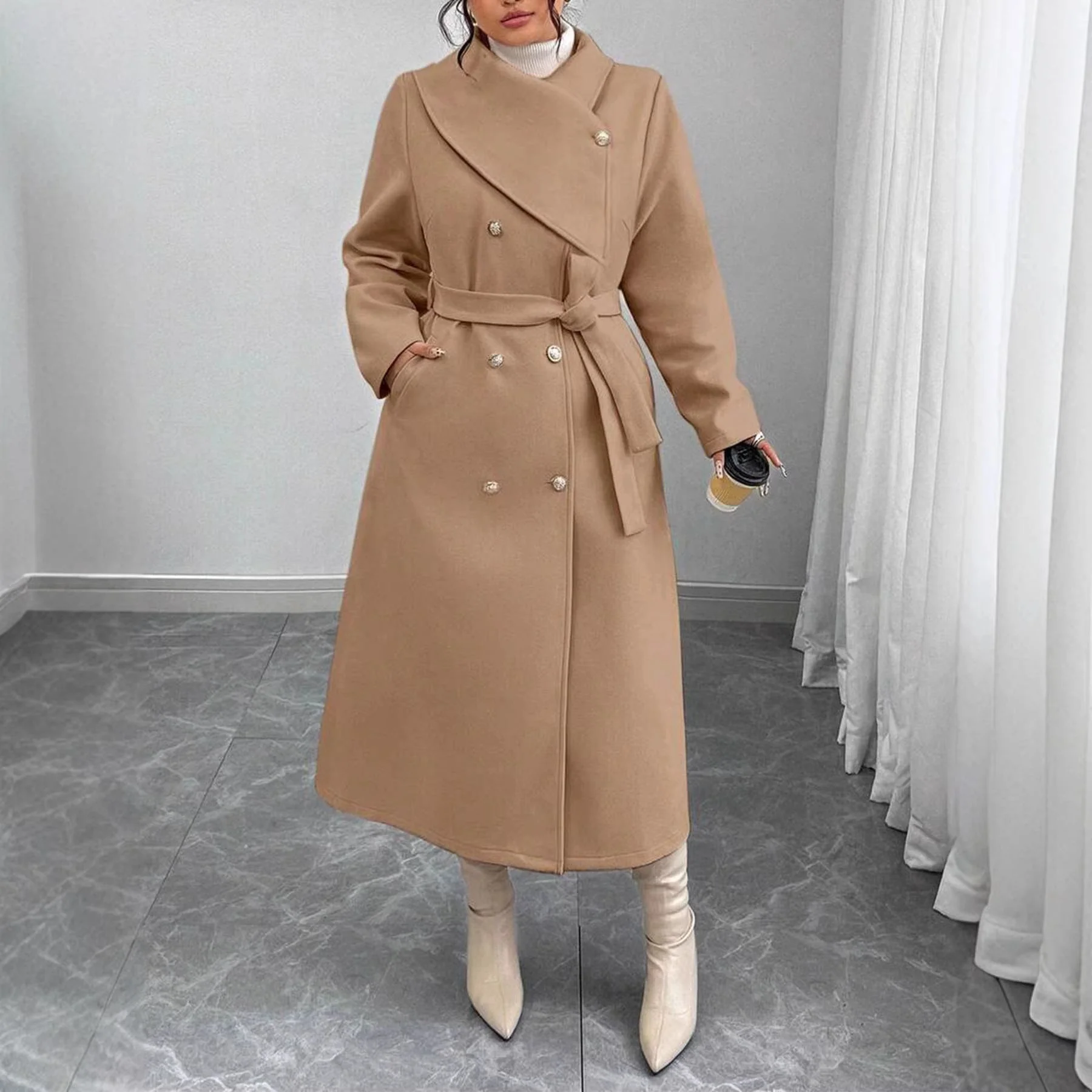 Damen eleganter wärmender Wollmantel mit doppelter Knopfleiste und einem Gürtel