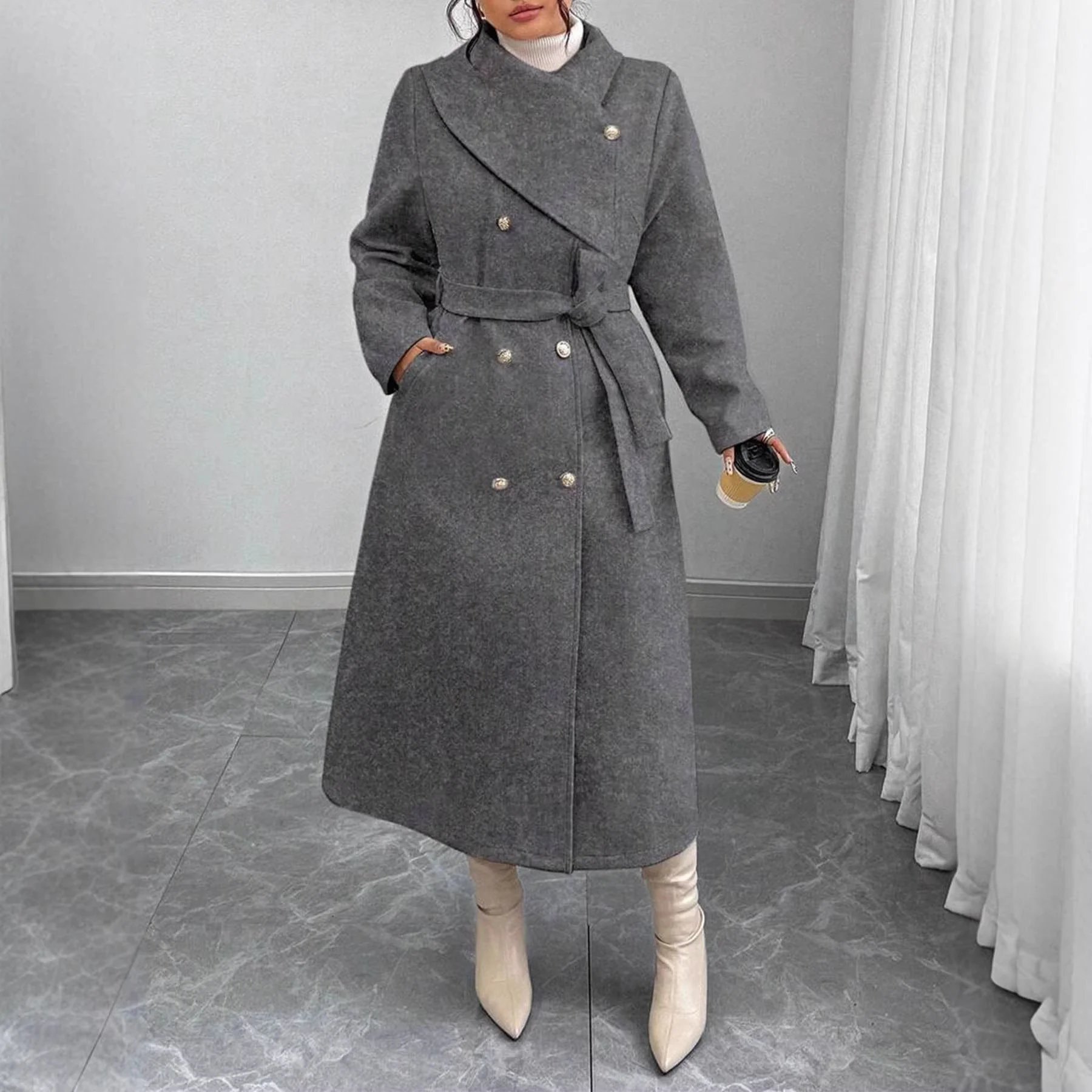 Damen eleganter wärmender Wollmantel mit doppelter Knopfleiste und einem Gürtel - Image 2