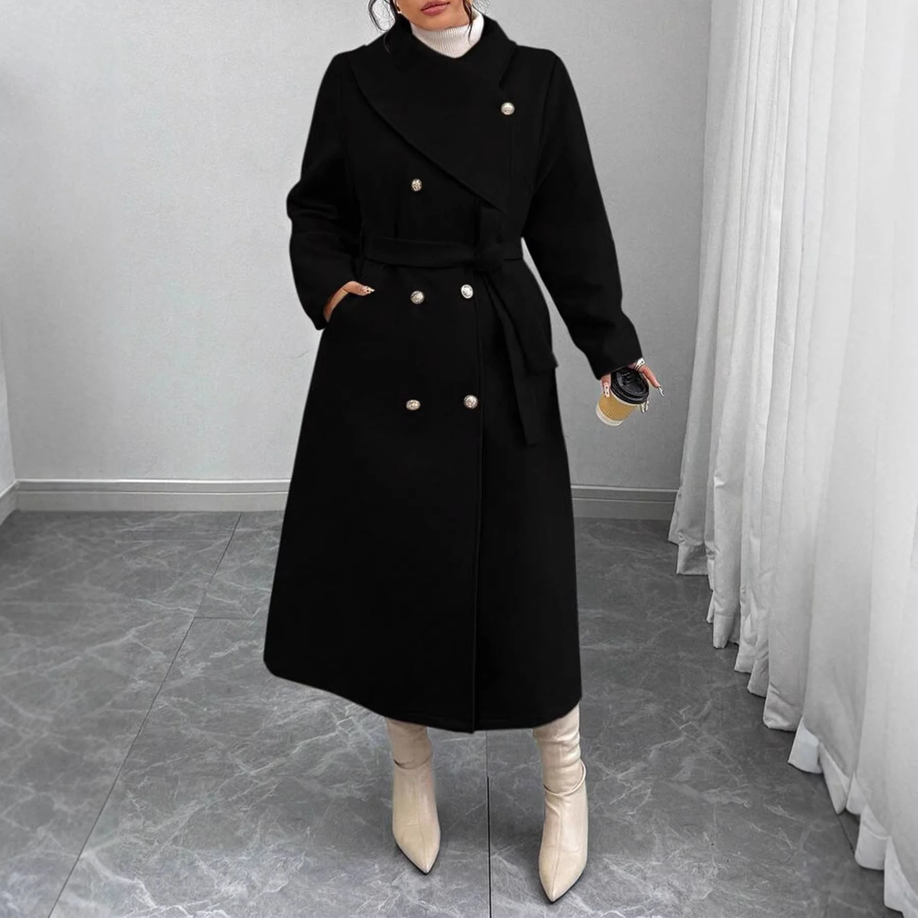 Damen eleganter wärmender Wollmantel mit doppelter Knopfleiste und einem Gürtel - Image 3