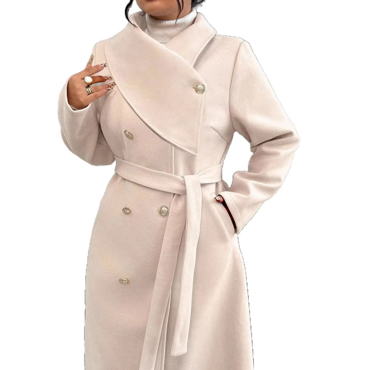 Damen eleganter wärmender Wollmantel mit doppelter Knopfleiste und einem Gürtel - Image 4