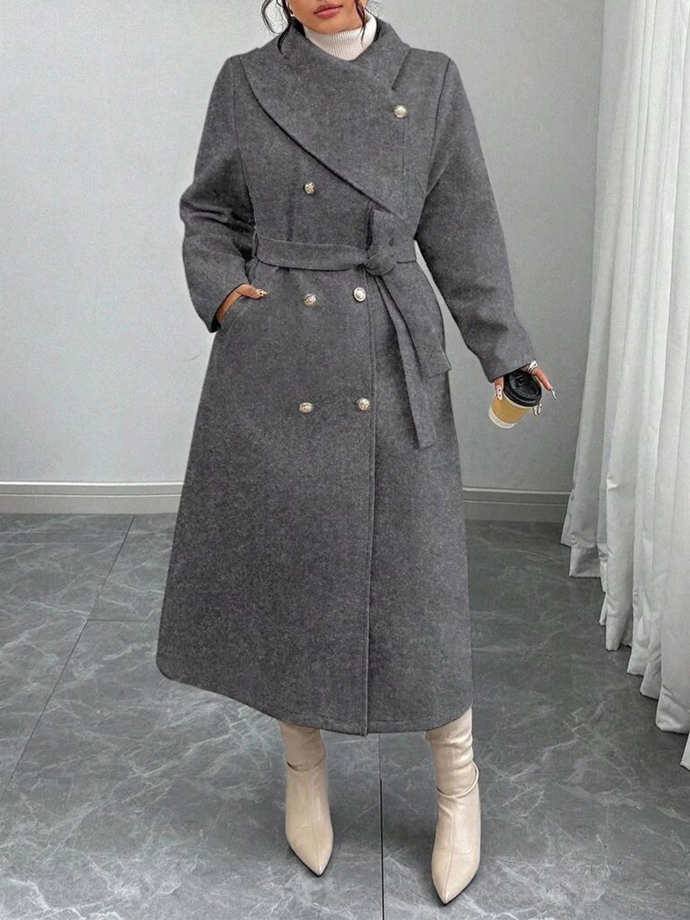 Damen eleganter wärmender Wollmantel mit doppelter Knopfleiste und einem Gürtel - Image 5