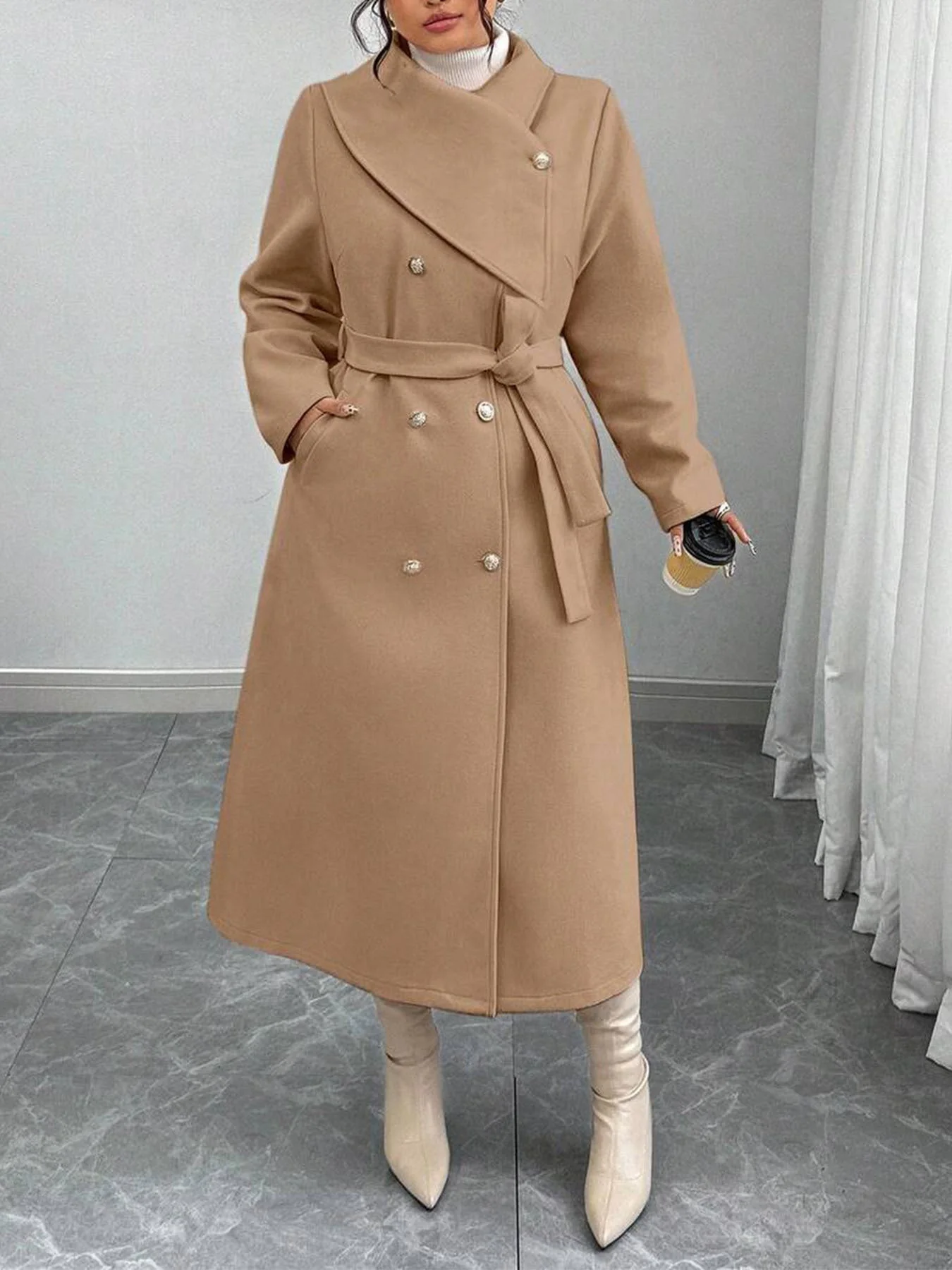 Damen eleganter wärmender Wollmantel mit doppelter Knopfleiste und einem Gürtel - Image 6