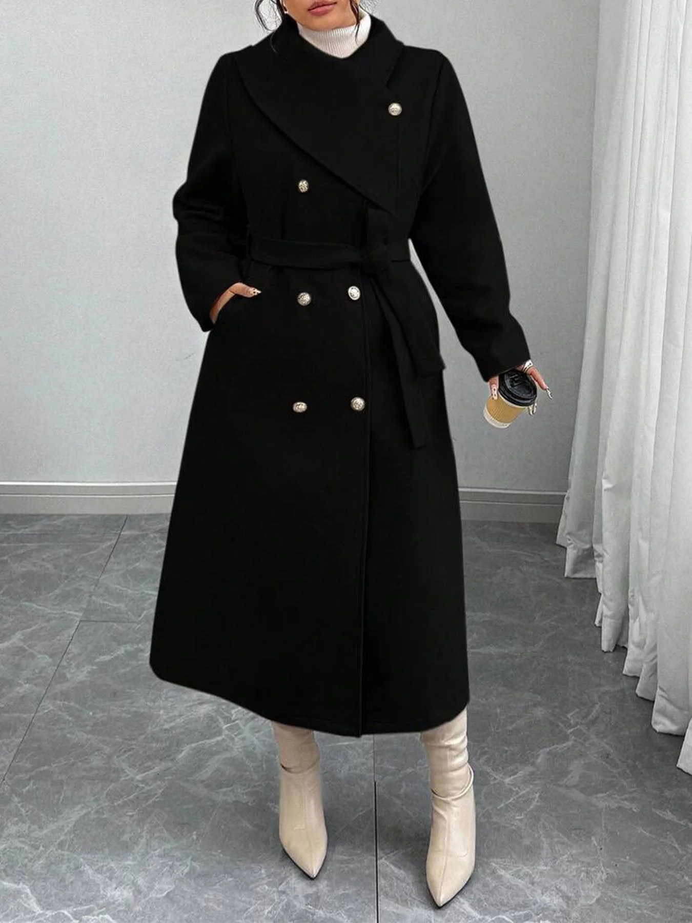 Damen eleganter wärmender Wollmantel mit doppelter Knopfleiste und einem Gürtel - Image 7
