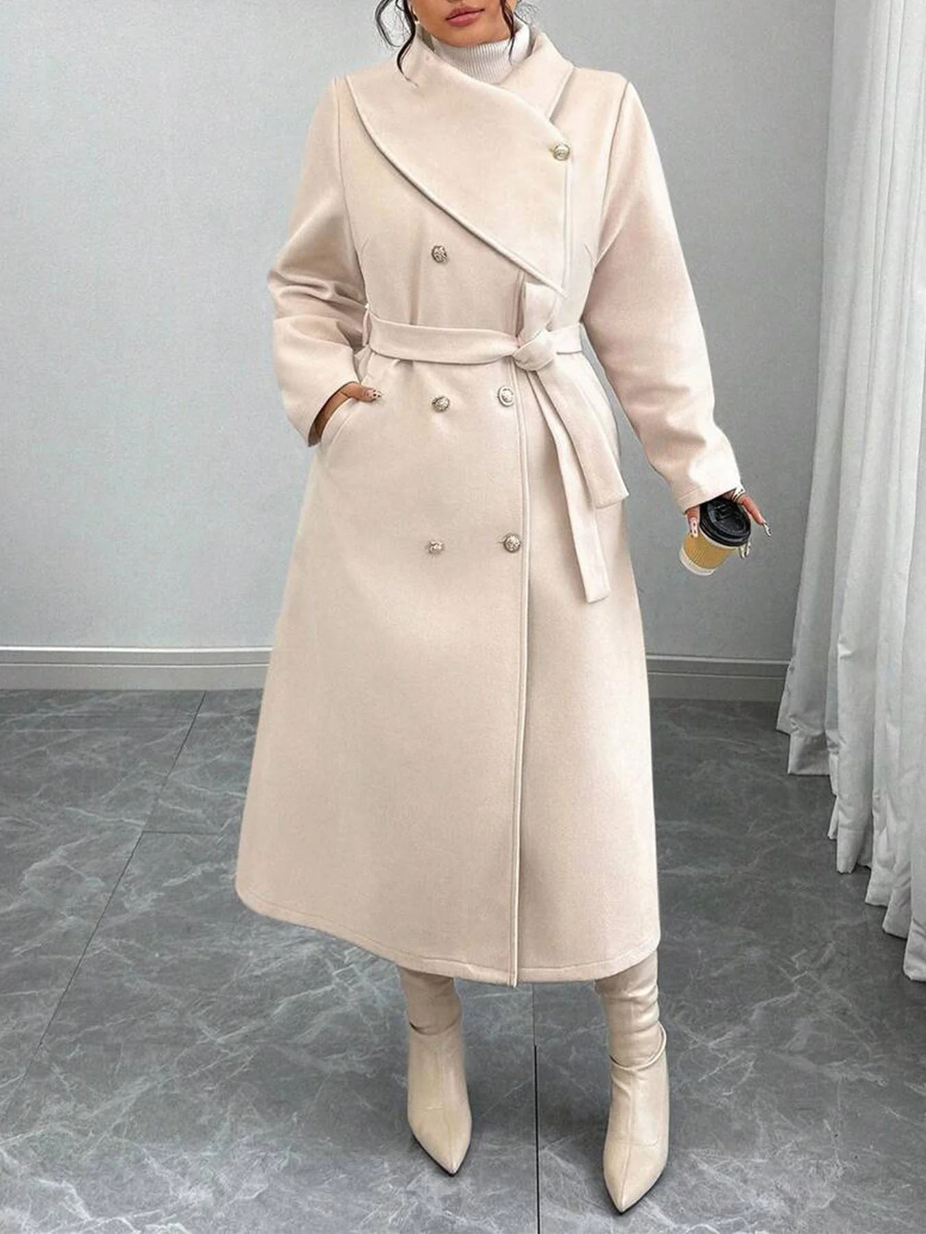 Damen eleganter wärmender Wollmantel mit doppelter Knopfleiste und einem Gürtel - Image 8