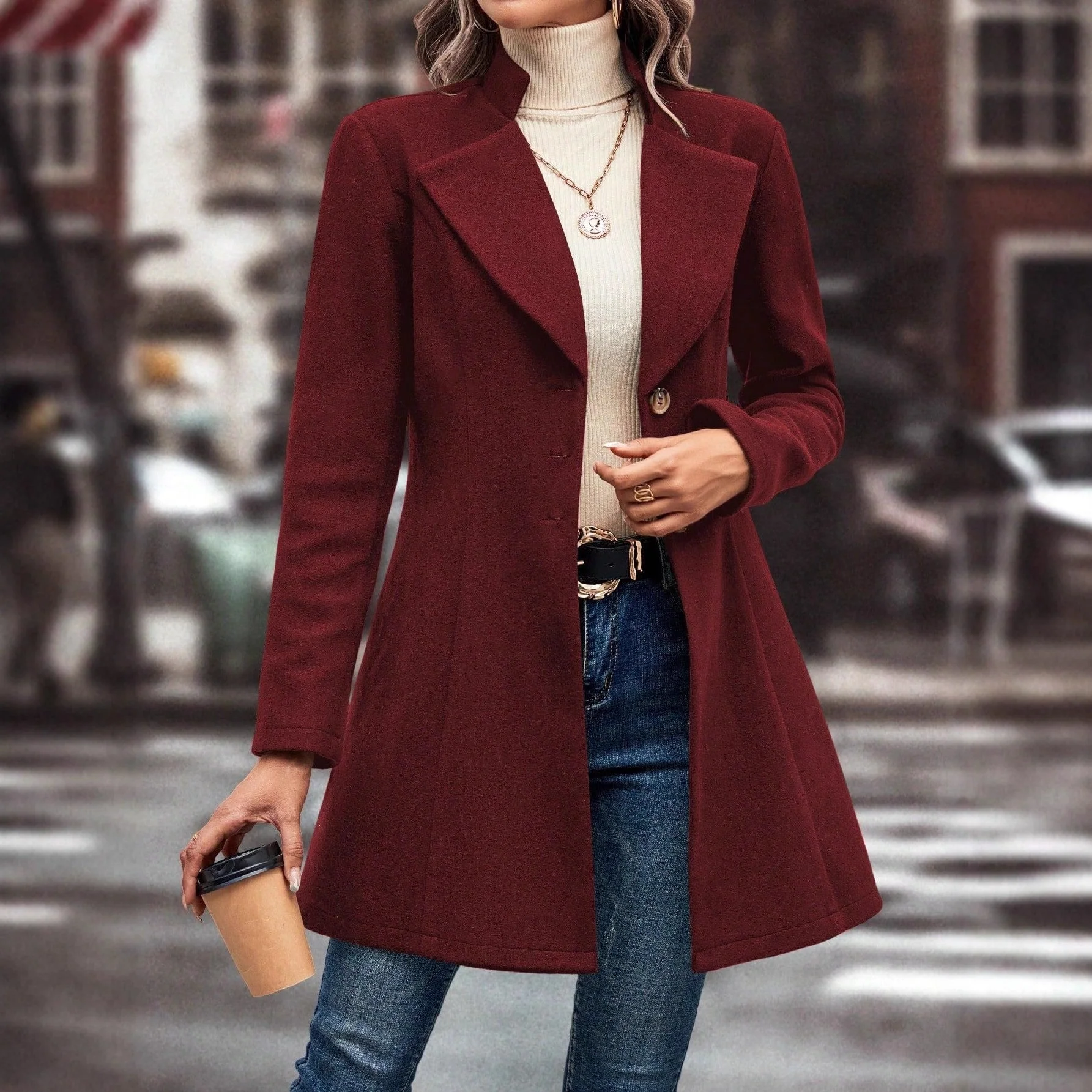 Damen eleganter Wintermantel mit asymmetrischem Schnitt und hohem Kragen - Image 2