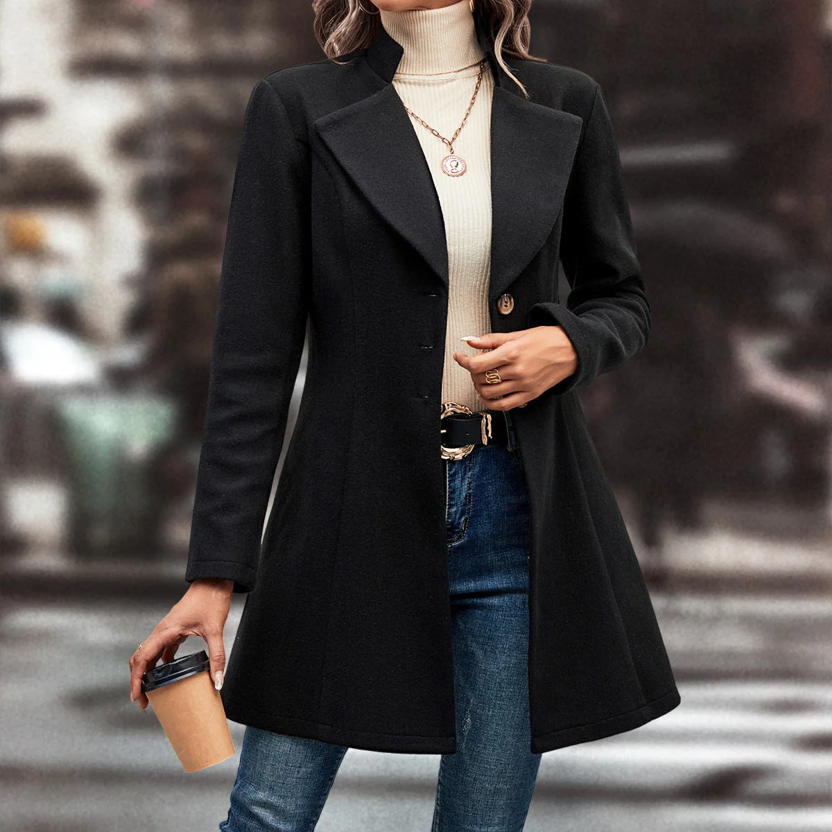 Damen eleganter Wintermantel mit asymmetrischem Schnitt und hohem Kragen - Image 3