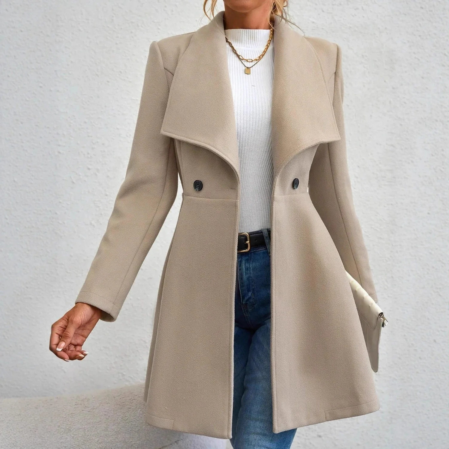 Damen eleganter Wollmantel mit modischem Revers und doppelter Knopfleiste - Image 2