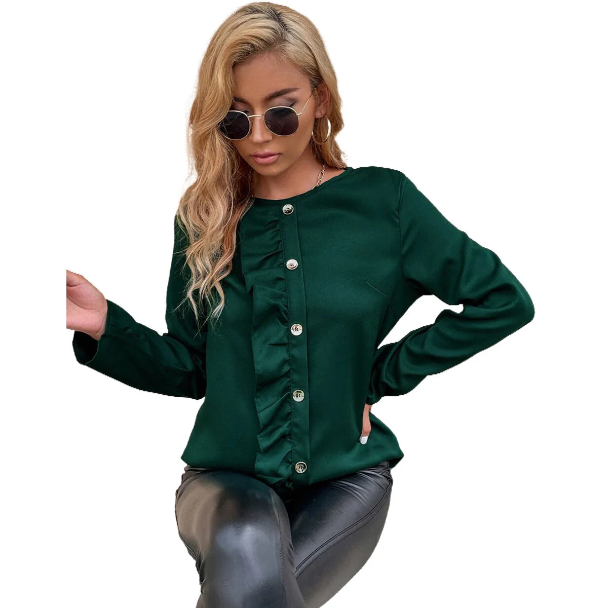 Damen elegantes Blusenshirt mit Rüschendetails und Knopfverzierung