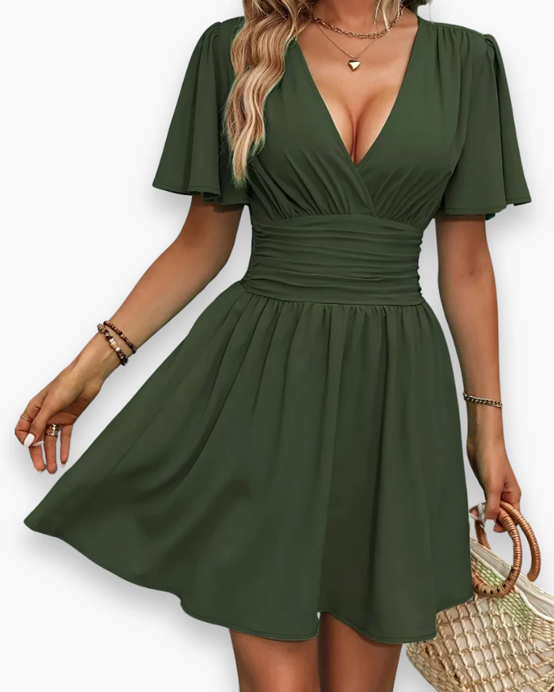Damen Elegantes Gerafftes Kleid | V-Ausschnitt Midi - Image 2