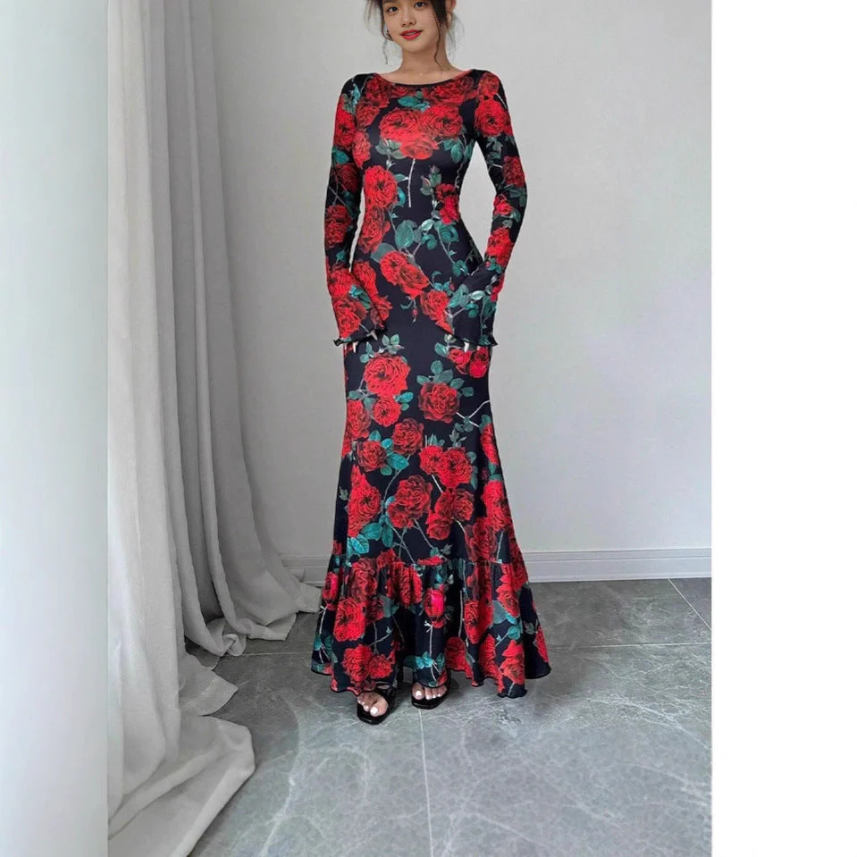 Damen Elegantes Maxikleid mit floralen Rüschendetails und langem Arm